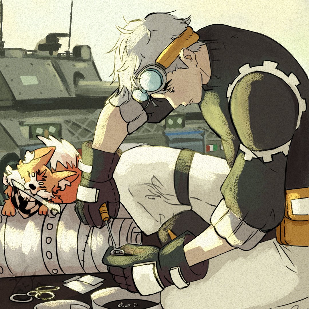 Eccoci, io e Von alle prese con una nuova manutenzione su un carro armato.
A giusto, è la prima volta che ci vedete all'opera, quindi... piacere a tutti!!

Un grande grazie per il disegno a @rengu_vt 🐲
P.s. grazie di avermi accettato come cliente 🦊

#vtuber #vtuberita #fanart