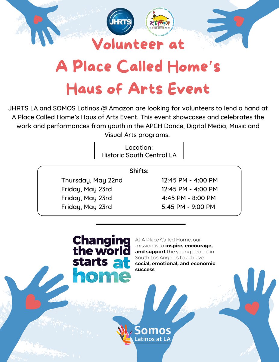 JHRTS LA and SOMOS Latinos at Amazon are looking for volunteers at A Place Called Home’s Haus of Arts Event. The mission is to inspire, encourage, and support young people in South Los Angeles to achieve social, emotional, and economic success. 

RSVP: mailchi.mp/hrts/jhrts-bea…
