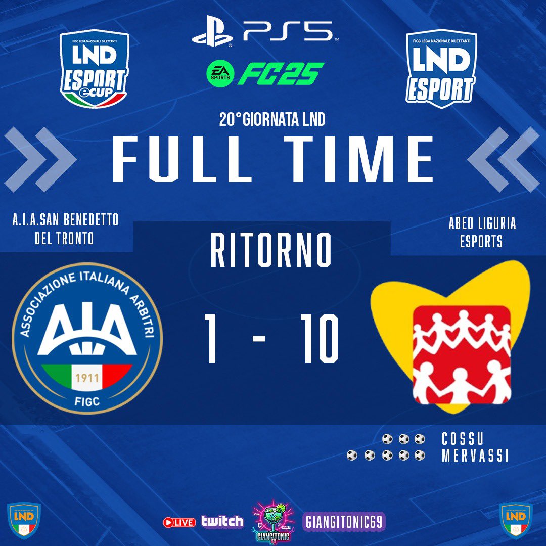 FULL TIME - SECONDO MATCH
Altra prestazione da incorniciare: andata e ritorno completamente nostri.
Grazie a chi ha seguito entrambe le sfide live — Abeo Liguria c’è!
#ProClub #LNDESPORT #EAFC25 #AbeoLiguriaODV #TwitchItalia #FIFA25 #FullTime #LND #EsportsItalia #FullMatch