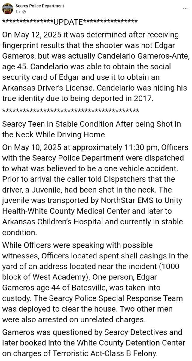 🚨  White County, AR: On Saturday, illegal alien Candelario Gameros-Ante was arrested after being accused of shooting a teenager in the neck.

Gameros-Ante initially identified himself by another name, but after fingerprinting, he was found to have been previously deported in
