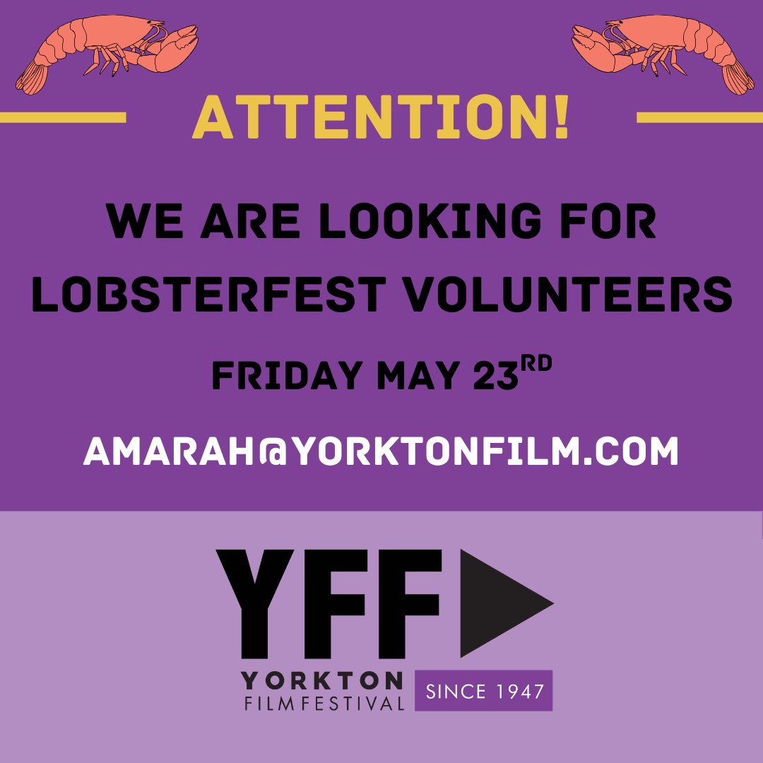 Yorkton Film Fest (@yorktonfilm) on Twitter photo Attention! The Yorkton Film Festival is in need of Volunteers at Lobsterfest!
We are looking for those who can help with the Lobsterfest Event. If that's you, then contact amarah@yorktonfilm.com
#yff25 #yorktonfilmfestival #canadianfilm Attention! The Yorkton Film Festival is in need of Volunteers at Lobsterfest!
We are looking for those who can help with the Lobsterfest Event. If that's you, then contact amarah@yorktonfilm.com
#yff25 #yorktonfilmfestival #canadianfilm