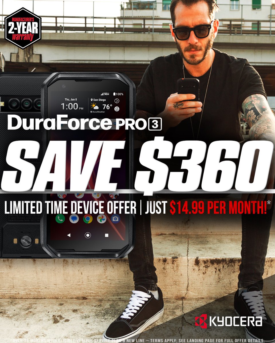 NEW OFFER 🔥

For a limited time, purchase #DuraForcePRO3 for just $14.99/month through Verizon – that's $360 OFF MSRP!*

Get it in as little as ONE HOUR with Free Express Pickup ↓
verizon.com/smartphones/ky…

View &amp; print device offer flyer ↓
kyoceramobile.com/offers/verizon

*Save $360