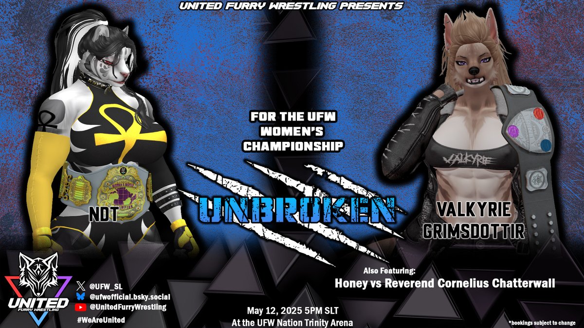 Tonight is the night UFW Nation. Tonight we decide if the Dynasty lives or dies. Tilly Touckakoo takes on Rev Chatterwall to open up the show! Our main event, The Women's Champ challenged the Trinity Champ and only one can walk away with the gold. 5pm SLT. maps.secondlife.com/secondlife/UFW…