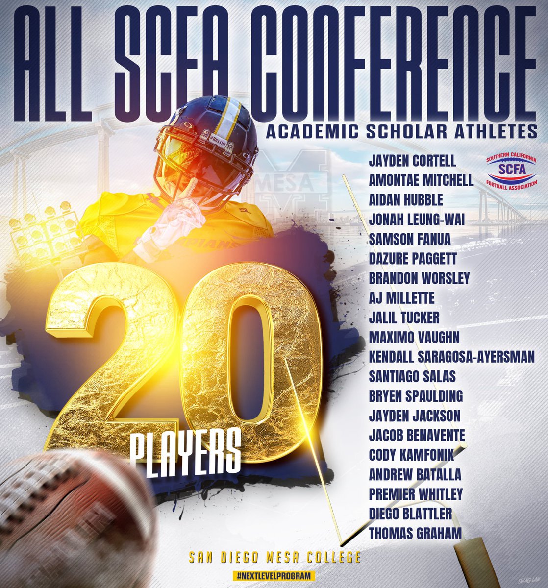 OLYMPIANS (@sdmesafootball) on Twitter photo Help us celebrate our Olympian STUDENT athletes on EARNING this achievement! Most in our division and most in SD county! #NextLevelAcademics #undeniable
<a href="/BallCoachGW/">Gary Watkins Jr</a> <a href="/scfafootball/">Southern California Football Association</a> <a href="/JuCoFootballACE/">JuCo Football Forer</a> <a href="/jucomadefb/">jucomadefootball</a> <a href="/JUCOFFrenzy/">JUCO Football Frenzy</a> <a href="/EC_Preps_SD/">EC Preps</a> <a href="/sdfootball/">Ray from SDFN</a> Help us celebrate our Olympian STUDENT athletes on EARNING this achievement! Most in our division and most in SD county! #NextLevelAcademics #undeniable
<a href="/BallCoachGW/">Gary Watkins Jr</a> <a href="/scfafootball/">Southern California Football Association</a> <a href="/JuCoFootballACE/">JuCo Football Forer</a> <a href="/jucomadefb/">jucomadefootball</a> <a href="/JUCOFFrenzy/">JUCO Football Frenzy</a> <a href="/EC_Preps_SD/">EC Preps</a> <a href="/sdfootball/">Ray from SDFN</a>