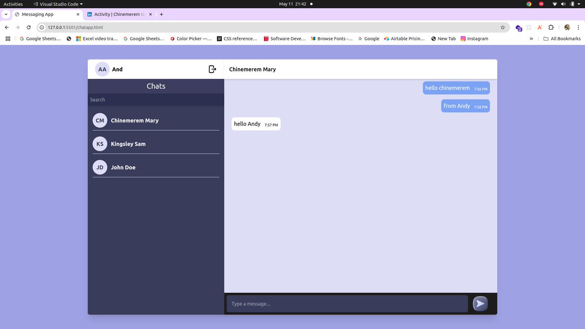 #Day5

My chat App simulation is a wrap!

Check out the live link below and let me know what you think. All feedback is welcome!

Live Link: chatapp30.netlify.app

#30DaysOfCode #Javascript #Coding