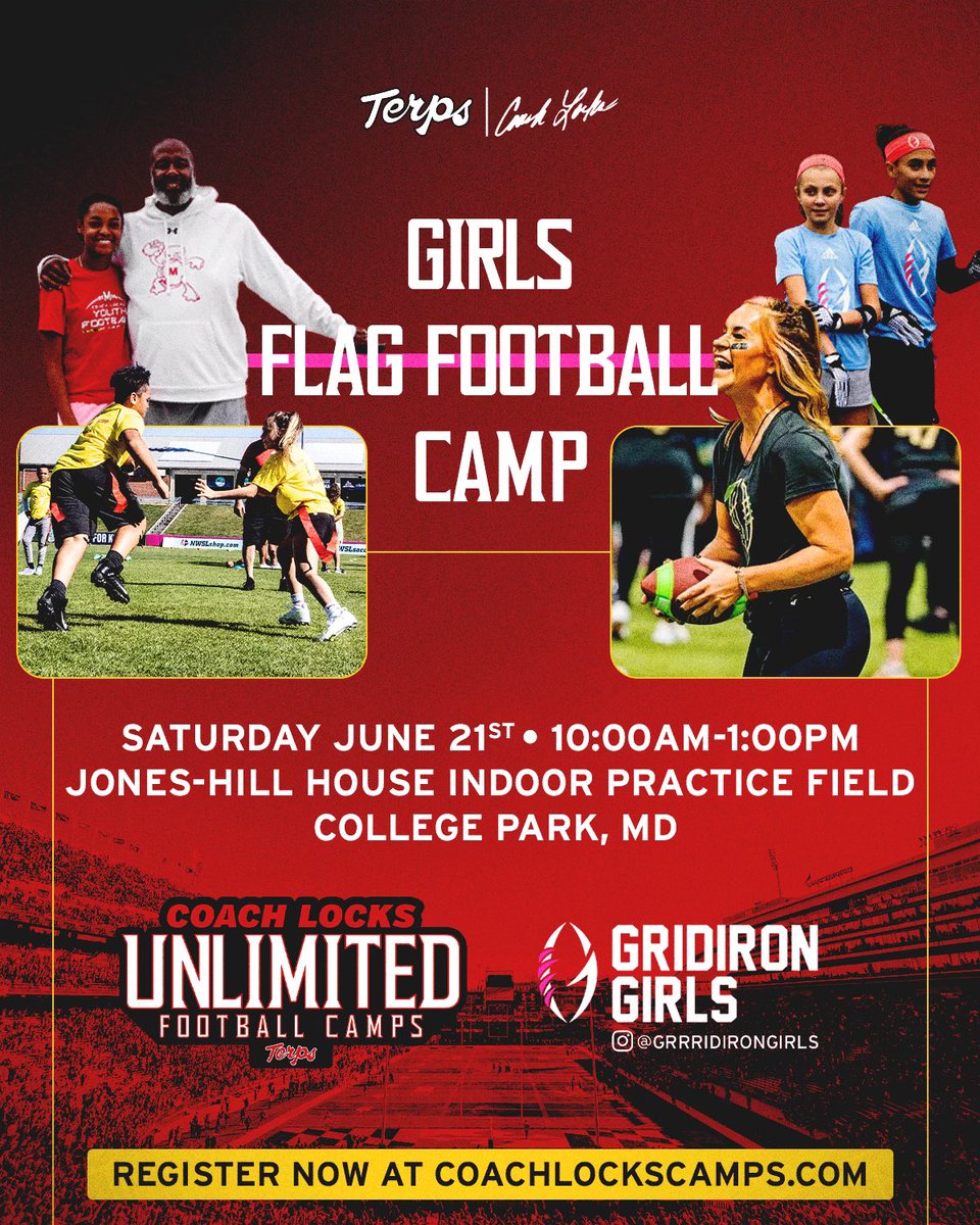 Maryland Football (@terpsfootball) on Twitter photo 🚨GIRLS flag football players (and those who might want to be):
Join <a href="/CoachLocks/">Michael Locksley</a> and Gridiron Girls for our first GIRLS Flag Football Camp this summer at Jones-Hill House in College Park.
No experience, no problem. You’ll learn skills, technique, and rules of the game. If you 🚨GIRLS flag football players (and those who might want to be):
Join <a href="/CoachLocks/">Michael Locksley</a> and Gridiron Girls for our first GIRLS Flag Football Camp this summer at Jones-Hill House in College Park.
No experience, no problem. You’ll learn skills, technique, and rules of the game. If you