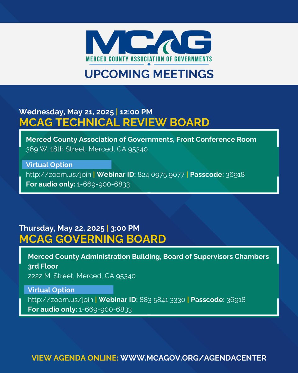 Please join MCAG, TJPA, and RWA at one of our upcoming meetings in the month of May. The public may join either in-person or via Zoom.

See agenda for additional information: ow.ly/MRcT50SWpki