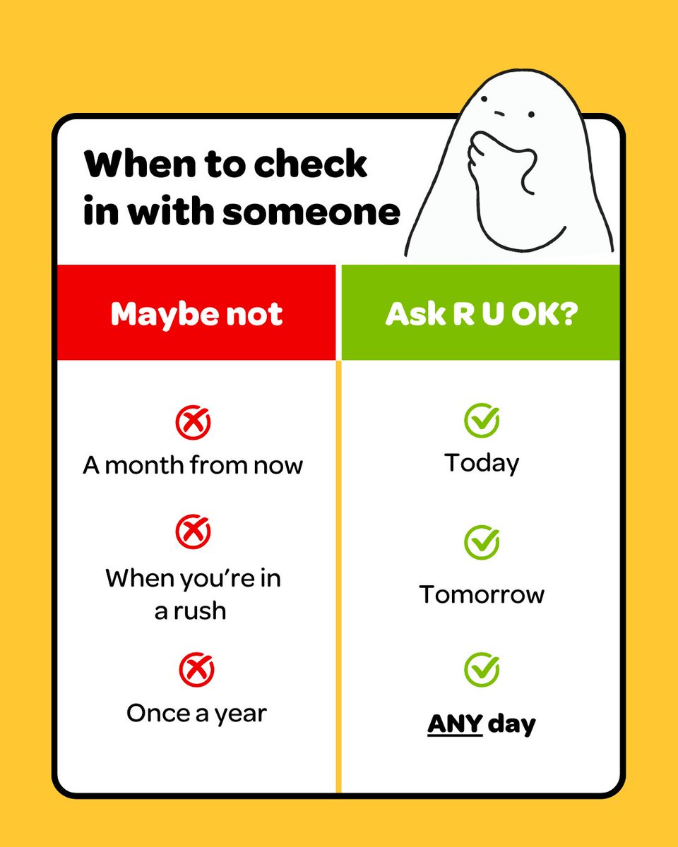 Make checking in a part of your every day.
Because a conversation could change a life.

Find tips at ruok.org.au/how-to-ask

#ruokanyday