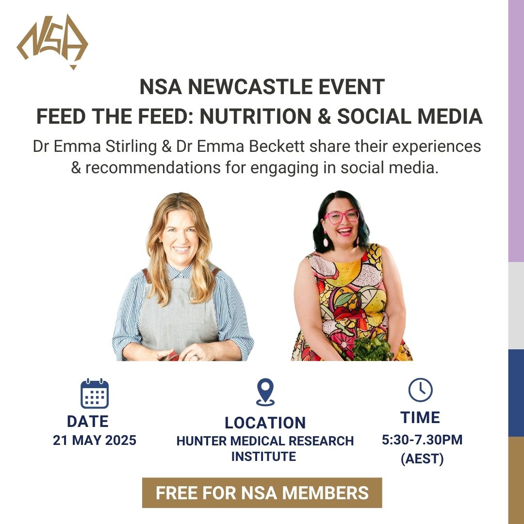 📢Here's your final reminder to register NOW to join the NSA Newcastle Regional group as they present a face-to-face event &amp; online webinar with Dr Emma Stirling &amp; Dr Emma Beckett. 

Registrations close tomorrow! ▶️nsa.asn.au/eventdetails/3…

#NutritionSocietyAUS