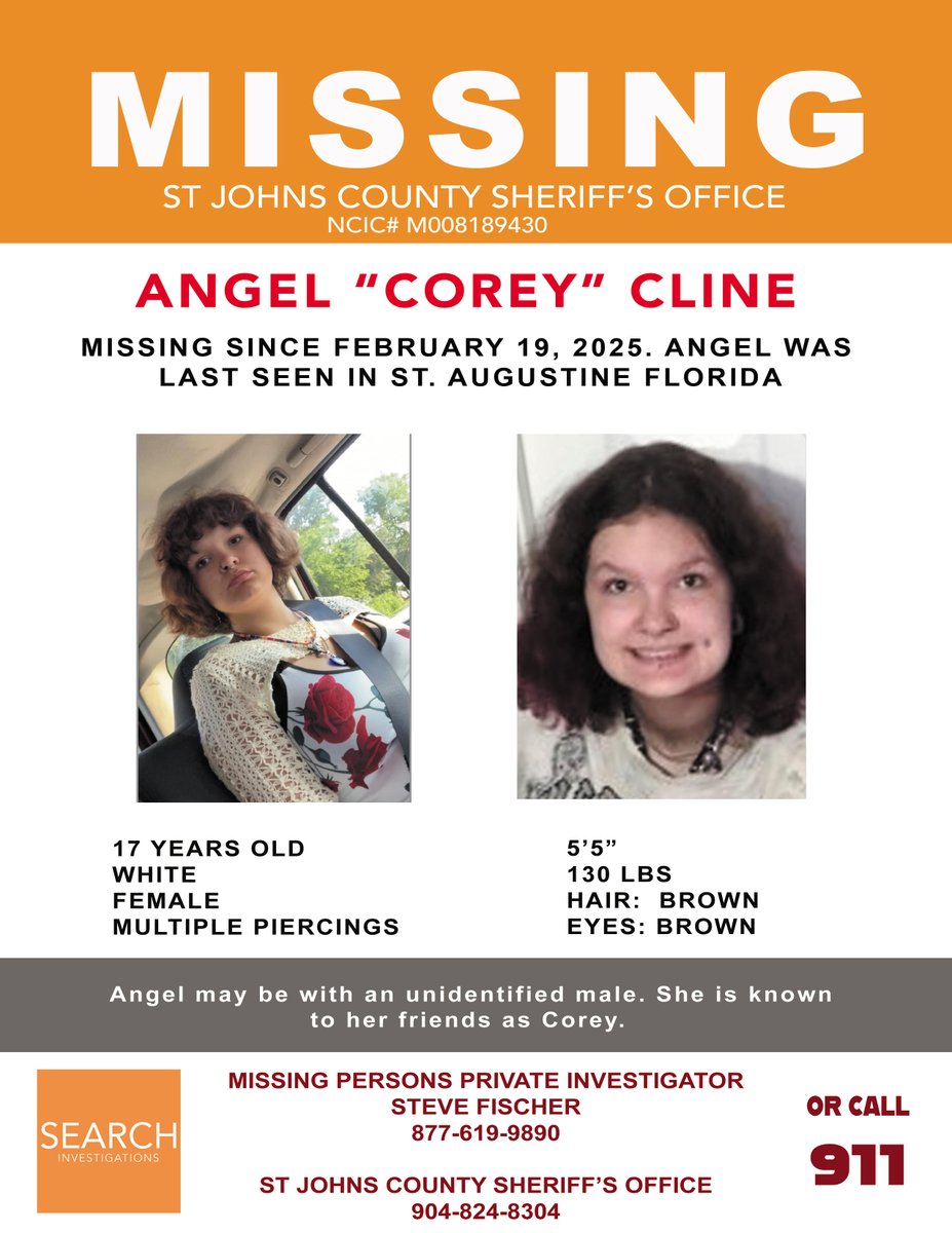 New Case: Angel "Corey" Cline, 17yo Female, has been missing since Feb 19, 2025, from St Augustine, FL. Corey is likely with an unidentified older male. If you have any information on her whereabouts please contact law enforcement or myself. Please help spread awareness.