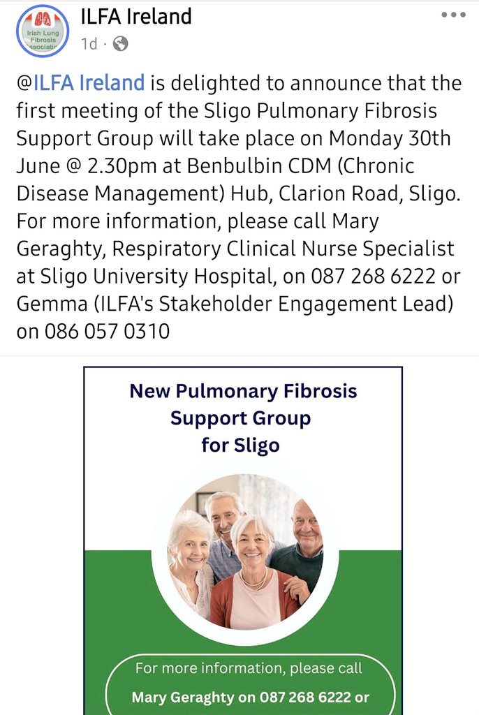 Mary Duffy (@geraghty_duffy) on Twitter photo I am so happy to finally announce the first meeting of the Sligo Pulmonary Fibrosis support on Monday 30th June @230pm in the Benbulbin CDM hub.
Thank you to Gemma <a href="/ILFA_Ireland/">ILFA Ireland</a> for helping me spread the word. <a href="/katherine_finan/">Katherine Finan</a> <a href="/MauraHeffernan2/">Maura Heffernan</a> <a href="/HSE_West_NWest/">HSEWestNorthWest</a> <a href="/GeorginaKilcoy3/">Georgina Kilcoyne</a> I am so happy to finally announce the first meeting of the Sligo Pulmonary Fibrosis support on Monday 30th June @230pm in the Benbulbin CDM hub.
Thank you to Gemma <a href="/ILFA_Ireland/">ILFA Ireland</a> for helping me spread the word. <a href="/katherine_finan/">Katherine Finan</a> <a href="/MauraHeffernan2/">Maura Heffernan</a> <a href="/HSE_West_NWest/">HSEWestNorthWest</a> <a href="/GeorginaKilcoy3/">Georgina Kilcoyne</a>