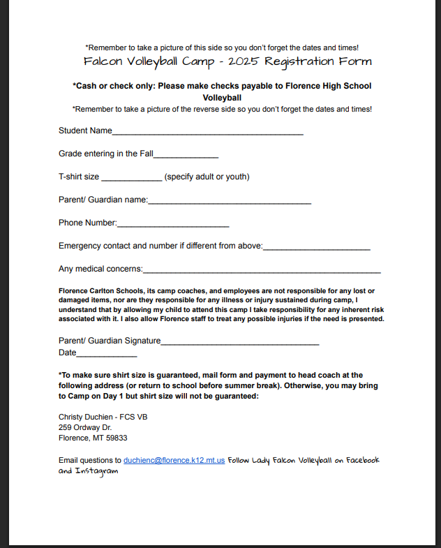 Lady Falcon Volleyball Kids' Camp Flyer