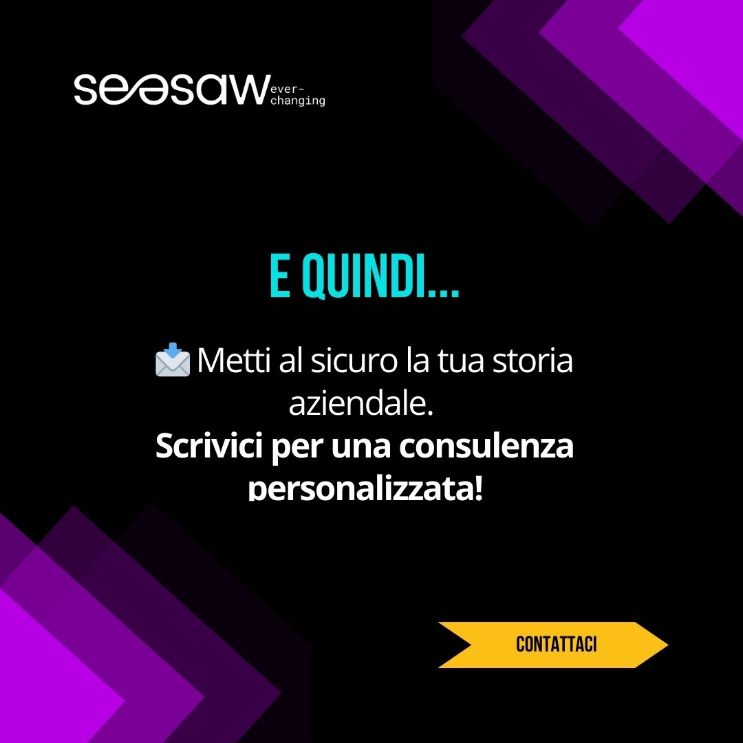 Hai mai pensato a cosa succederebbe se il tuo archivio sparisse da un giorno all’altro?
Non è solo una paura irrazionale: pioggia, tempo, errori umani… e anni di lavoro possono svanire.
Scorri il carosello per scoprire come evitare il peggio. 👇

#seesaw2025 #SeeSaw