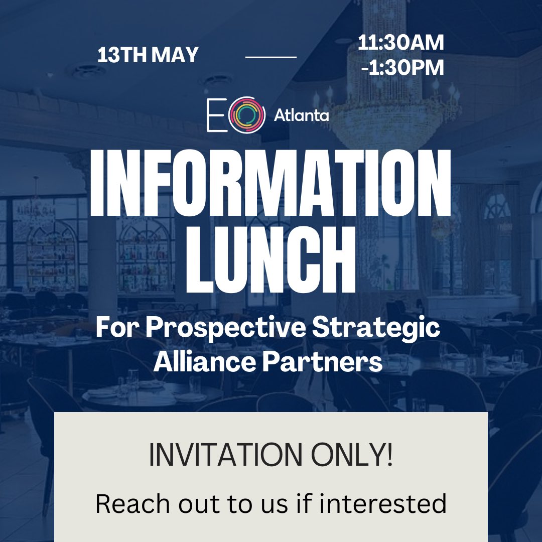 EO Atlanta is hosting an invitation only information lunch for select businesses to connect with Atlanta’s top entrepreneurs &amp; explore a powerful partnership with our chapter. 

If your company or organization is interested in being a Strategic Alliance Partner please reach out.