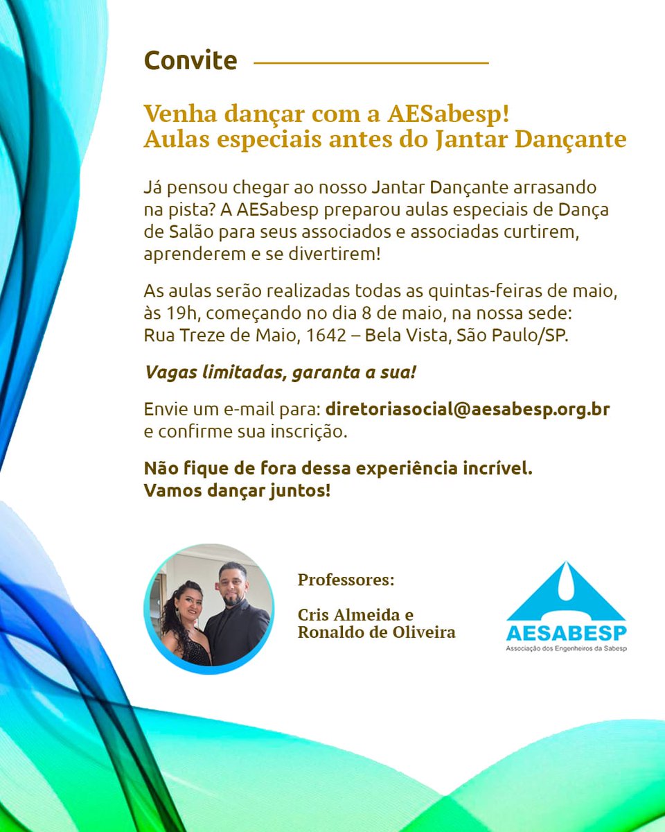 AESabesp's tweet photo. 💃VENHA DANÇAR COM A AESABESP! Preparamos aulas especiais de Dança de Salão para você!

📅As aulas são gratuitas e acontecem todas as quintas-feiras de maio, às 19h, na nossa sede: Rua Treze de Maio, 1642 – Bela Vista, São Paulo/SP.

📩Inscreva-se: diretoriasocial@aesabesp.org.br https://t.co/RvvzSzv4JZ