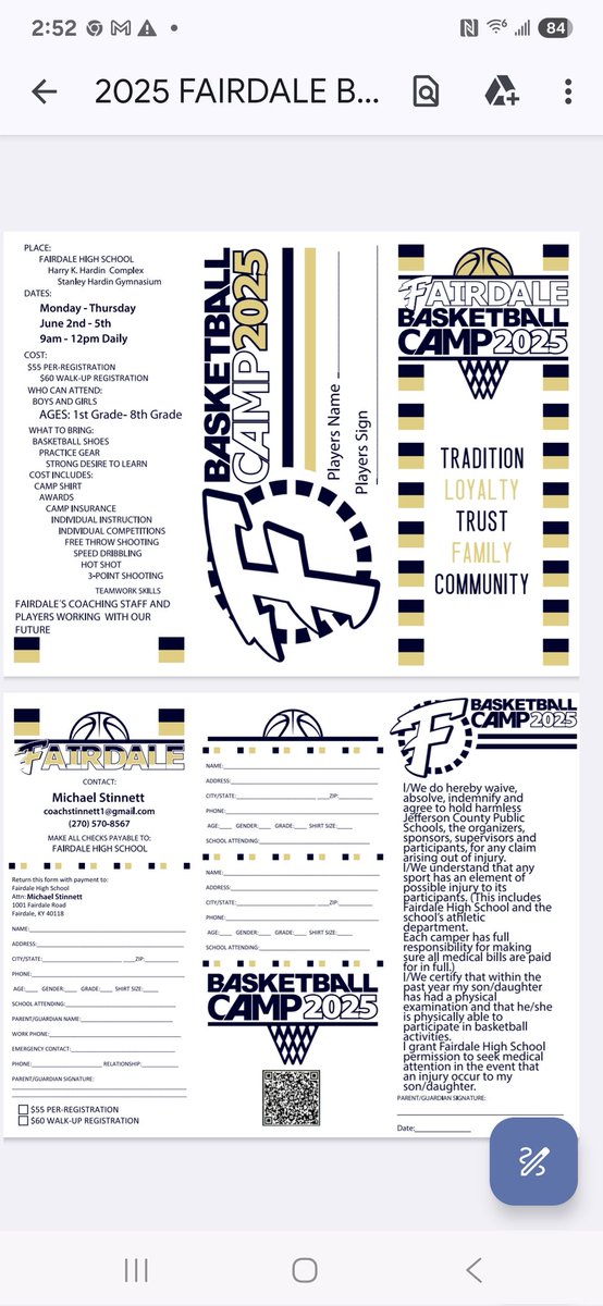 Fairdale Basketball (@fhsbasketball11) on Twitter photo Fairdale Basketball Camp Monday June 2-Thursday June 5 - 9am to 12pm - 1st-8th Grade (Girls and Boys) Register online at this link docs.google.com/document/d/1AB… or email coachstinnett1@gmail.com for printable brochure. Fairdale Basketball Camp Monday June 2-Thursday June 5 - 9am to 12pm - 1st-8th Grade (Girls and Boys) Register online at this link docs.google.com/document/d/1AB… or email coachstinnett1@gmail.com for printable brochure.