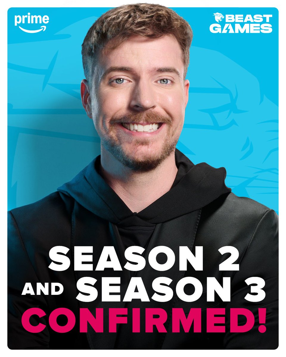 MrBeast's tweet image. Prime video has renewed Beast Games for not one but TWO MORE SEASONS!! Y’ALL ARE NOT READY FOR THE BIG STUFF WE HAVE PLANNED 🥰🥰🥰