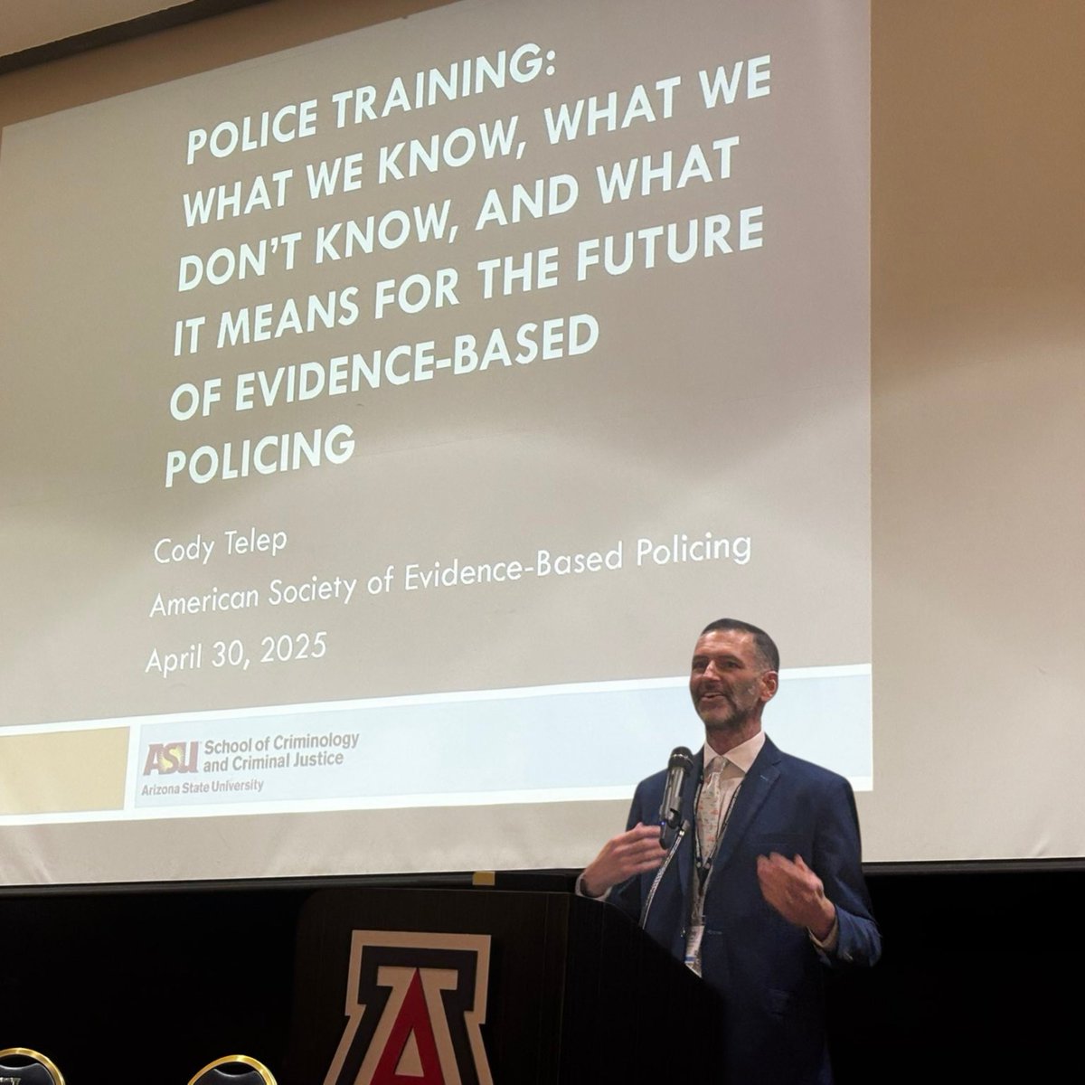 ASUCrimJustice's tweet image. Thank you to Cody Telep, associate professor and associate director of the School of Criminology and Criminal Justice, for representing ASU as a keynote speaker at the American Society of Evidence-Based Policing. Your contributions are deeply appreciated. #CommunityForGood
