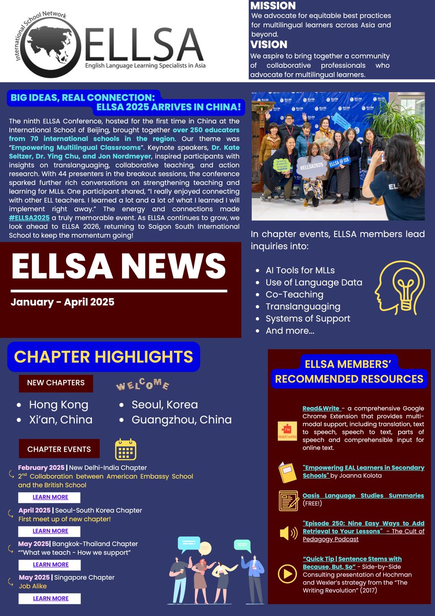 Please enjoy the latest edition of the ELLSA Newsletter! Catch up on ELLSA Chapter happenings around Asia, recommended language teaching / learning resources appropriate for instruction of MLLs, ELLSA for language learning leaders, and #ELLSA2026! shorturl.at/eWxpf