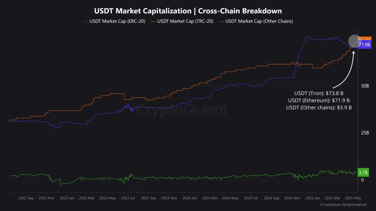 트론 네트워크, USDT 공급량 738억 달러 달성, 이더리움 네트워크 제쳐