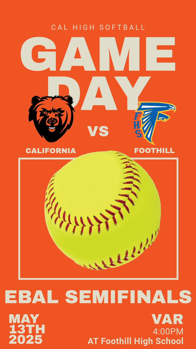 Come cheer on Cal High's varsity softball team as they take on Foothill HS in the EBAL Semifinals! Tickets on sale at gofan.co

#gogrizzlies