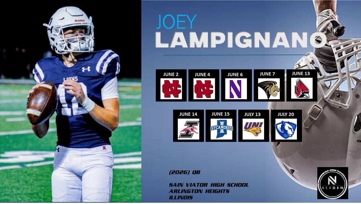 Keith Smilie (@nexgenscouting) on Twitter photo NexGen recruit camp schedule..
➡️2026 QB Joey Lampignano <a href="/joeylampignano/">Joey Lampignano</a>
Saint Viator HS <a href="/ViatorFball/">Saint Viator Football</a>
Arlington Heights (IL)
6/2 <a href="/football_ncc/">NCC Football</a>
6/4 <a href="/football_ncc/">NCC Football</a>
6/6 <a href="/NUFBFamily/">Northwestern Football</a>
6/7 <a href="/LindenwoodFB/">Lindenwood Football</a>
6/13 <a href="/BallStateFB/">Ball State Football</a>
6/14 <a href="/UIndyFB/">UIndy Football</a>
6/15 <a href="/IndStFB/">Indiana State Football</a>
7/13 <a href="/UNIFootball/">UNI Football</a>
7/20 NexGen recruit camp schedule..
➡️2026 QB Joey Lampignano <a href="/joeylampignano/">Joey Lampignano</a>
Saint Viator HS <a href="/ViatorFball/">Saint Viator Football</a>
Arlington Heights (IL)
6/2 <a href="/football_ncc/">NCC Football</a>
6/4 <a href="/football_ncc/">NCC Football</a>
6/6 <a href="/NUFBFamily/">Northwestern Football</a>
6/7 <a href="/LindenwoodFB/">Lindenwood Football</a>
6/13 <a href="/BallStateFB/">Ball State Football</a>
6/14 <a href="/UIndyFB/">UIndy Football</a>
6/15 <a href="/IndStFB/">Indiana State Football</a>
7/13 <a href="/UNIFootball/">UNI Football</a>
7/20