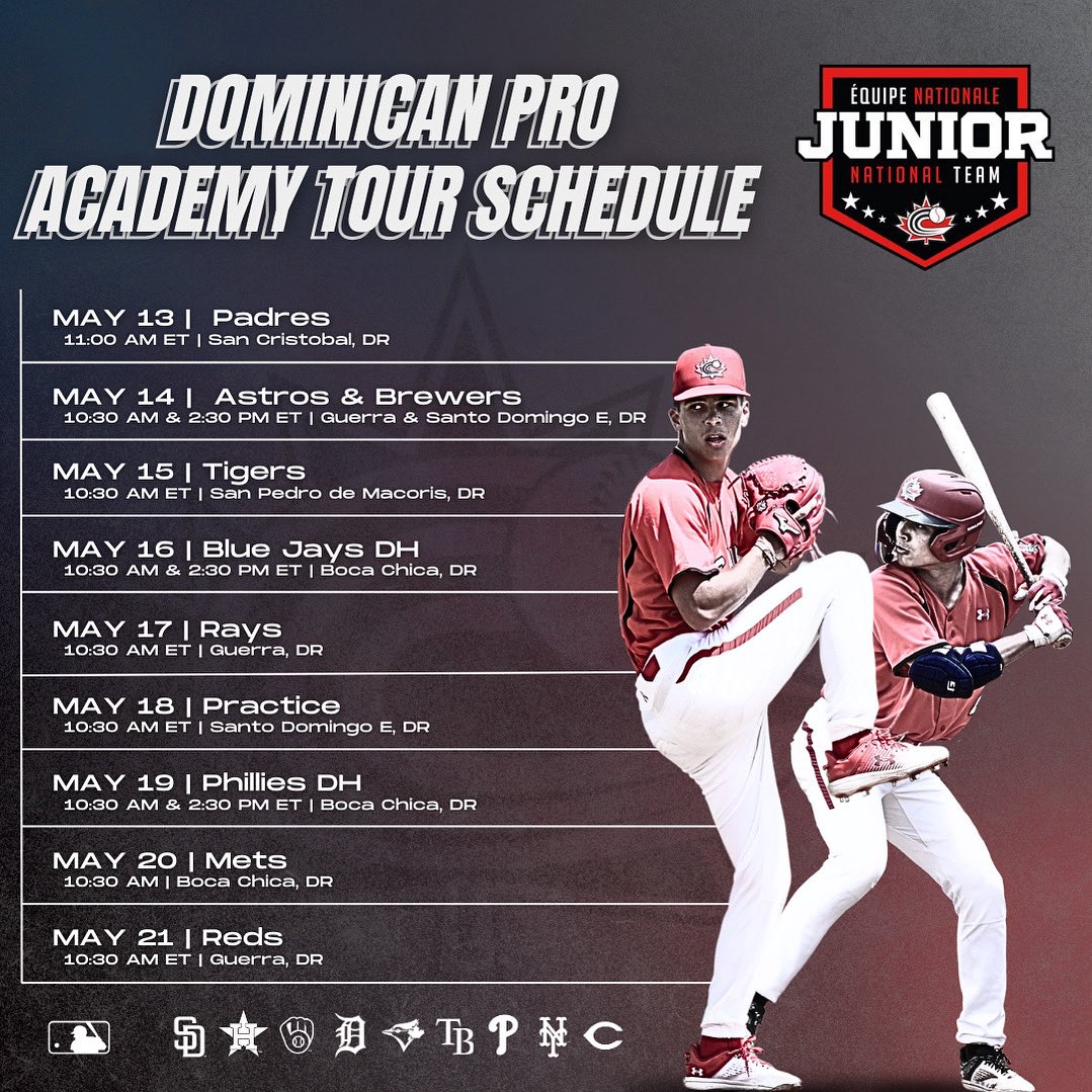 📅 Here’s the schedule ahead of the Junior National Team’s Dominican Professional Academy Tour.

🇨🇦⚾️
#BaseballCanada | #JNTDR🇩🇴