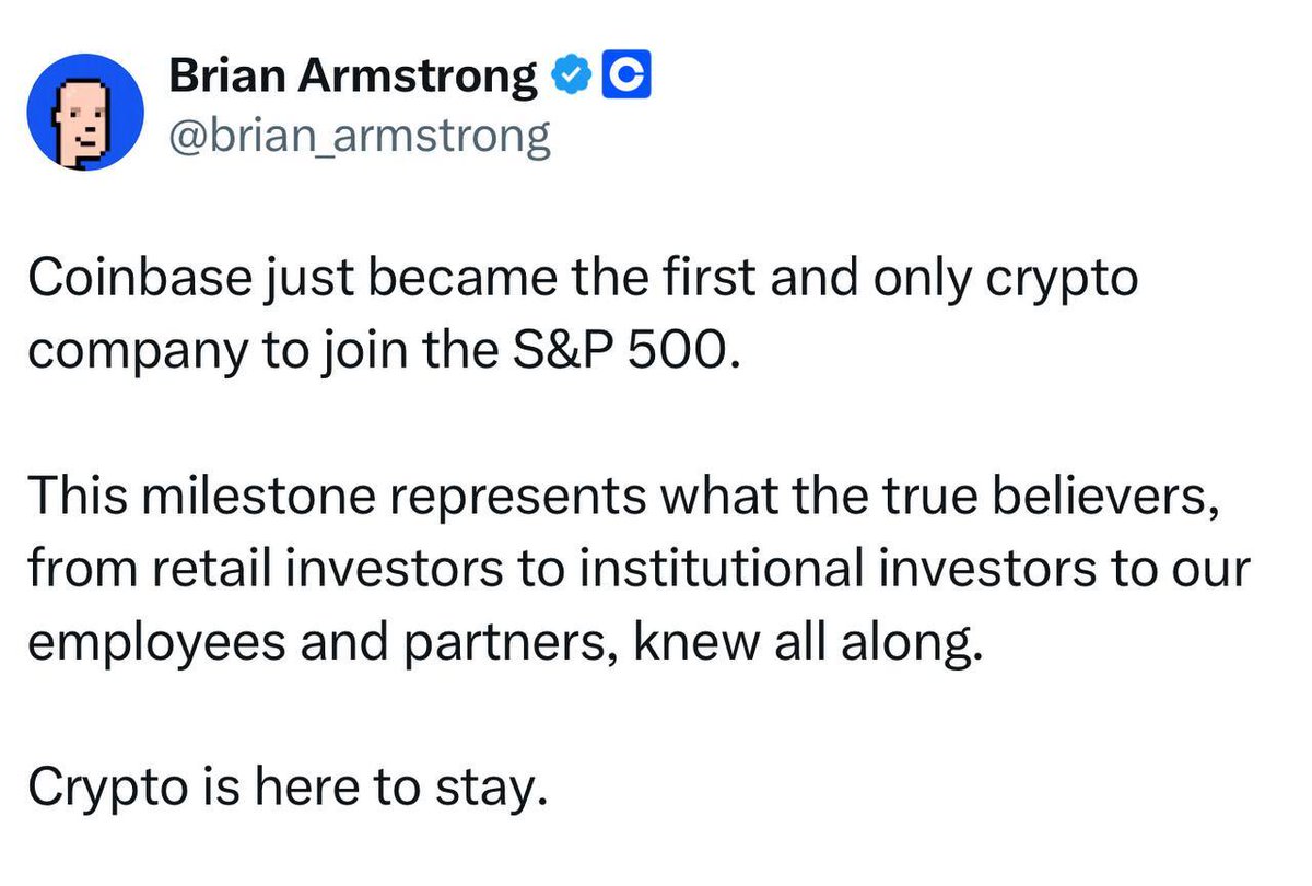 🚨 BREAKING: "Coinbase entra nella storia: è la prima e unica azienda crypto a unirsi all'S&P 500!"