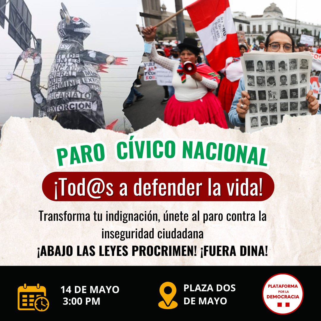 📢 Paro Cívico Nacional ¡Tod@s a defender la vida! ✊🏽
🚫 La inseguridad no se combate con leyes que protegen al crimen ni con un gobierno que le da la espalda al pueblo.
🔥 ¡Transforma tu indignación en acción! 📣
✊🏽 ¡ABAJO LAS LEYES PROCRIMEN! 🚨 ¡FUERA DINA!
