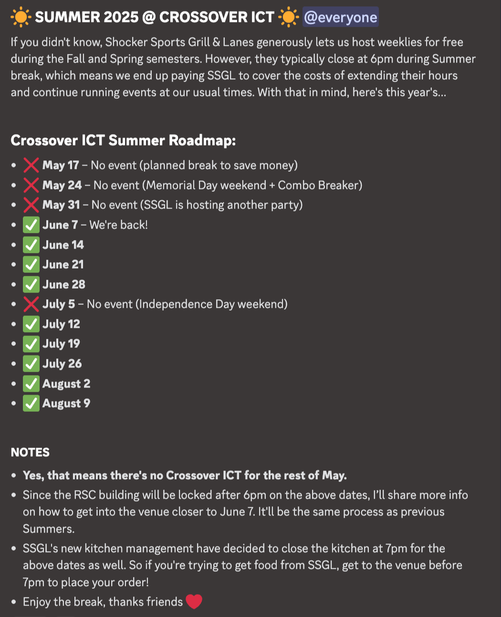 Crossover ICT is on break for the rest of May!
Events will return on Saturday, June 7!

More info below!👇