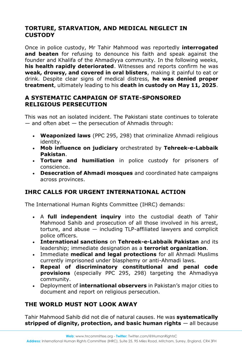 Horrible details of the mistreatment leading to the Martyrdom of 71 YO Tahir Mahmood 💔

Torture, Starvation, denial of medical treatment.....

Arrested &amp; Killed for his Ahmadiyya Faith in Pakistani Prison. 

شہید مرحوم کی روح کو سلام 😢