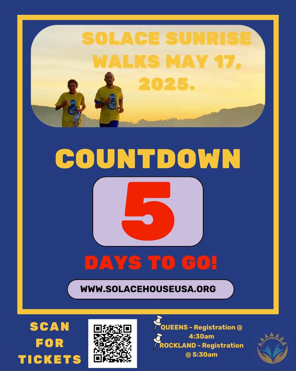 ⏰ Our Queens and Rockland Solace Sunrise Walks are just around the corner!

Support us by purchasing a Solace Sunrise Walk ticket, donating or sponsoring our Walks!  

secure.givelively.org/donate/solace-…

#SolaceSunriseWalk #SolaceHouseUsa #MentalHealthMatters #YouAreNotAlone