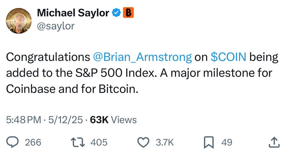 🚨 BREAKING: Michael Saylor si congratula con $COIN per l'inserimento nell'S&P 500!
