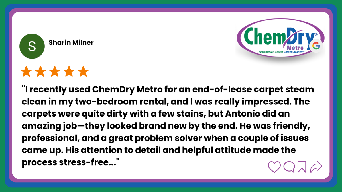 ChemdryMetro's tweet photo. Thank you, Sharin Milner for leaving us a review.
Read full review: https://t.co/vt3NDl51Dl https://t.co/k27DGZvj4l