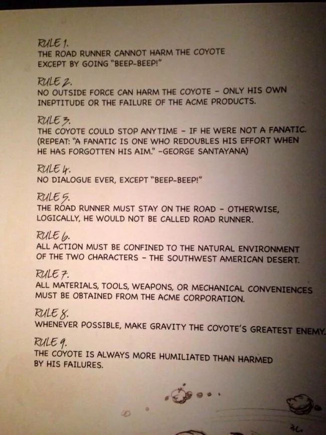 fasc1nate's tweet image. Looney Tunes’ guide to dictate all interactions between Wile E. Coyote & Road Runner. Developed by Chuck Jones and his team.
