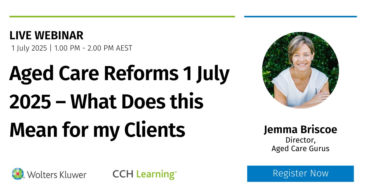 Join Jemma Briscoe as she focuses on the 1 July 2025 Aged Care reforms &amp; the impact it will have on your clients or their families who are moving into residential aged care or accessing the new support at home package.

Register here: ow.ly/89XS50VQFRf

#AgedCare #Reforms
