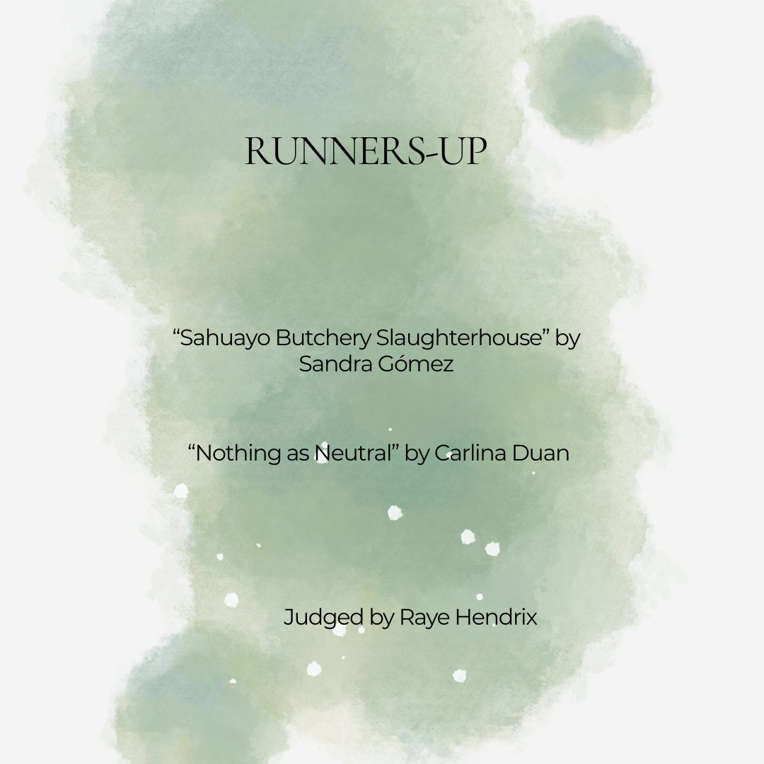 We're thrilled to announce the winners of the Pinch Literary Award in Poetry selected by Raye Hendrix. A big THANK YOU to everyone who sent us their work, and congratulations to the winner McKenzie Teter <a href="/kenz_teter/">mckenzie</a> and the runners-up Sandra Gómez and Carlina Duan.