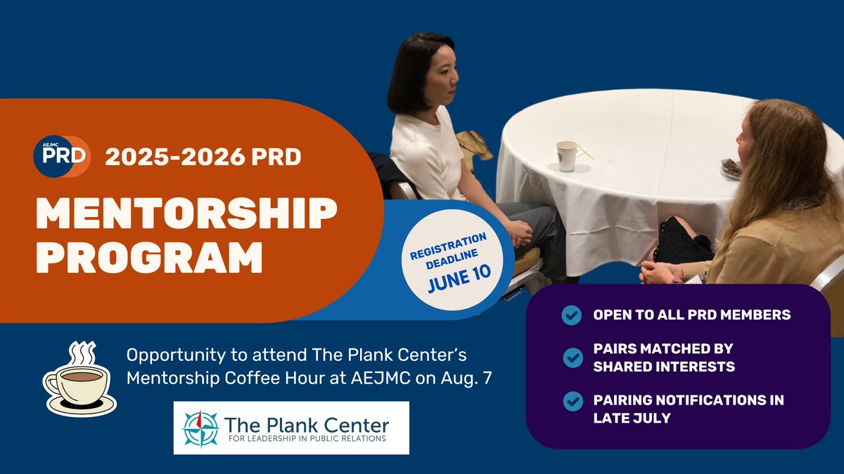 AEJMC PRD (@aejmc_prd) on Twitter photo The 2025-2026 PRD Mentorship Program is now open for signups! Open to all PRD members, including graduate students.
The deadline to register: June 10
umdsurvey.umd.edu/jfe/form/SV_2c…
<a href="/PlankCenterPR/">The Plank Center</a> The 2025-2026 PRD Mentorship Program is now open for signups! Open to all PRD members, including graduate students.
The deadline to register: June 10
umdsurvey.umd.edu/jfe/form/SV_2c…
<a href="/PlankCenterPR/">The Plank Center</a>