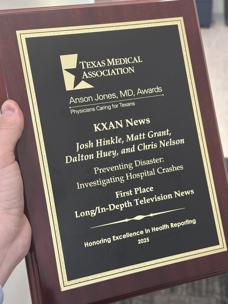 Thank you to <a href="/texmed/">Texas Medical Association</a> for recognizing <a href="/KXAN_News/">KXAN News</a>’ investigation into hospital crashes with an Anson Jones Award for excellence in health reporting! To explore our project, go to: kxan.com/preventing-dis… #KXANinvestigates