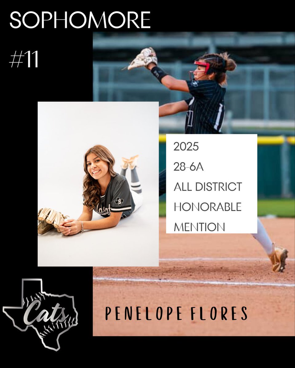 Congrats to our sophomore, Penelope Flores, for earning All District Honorable Mention this season! 🥎🖤🩶🐾