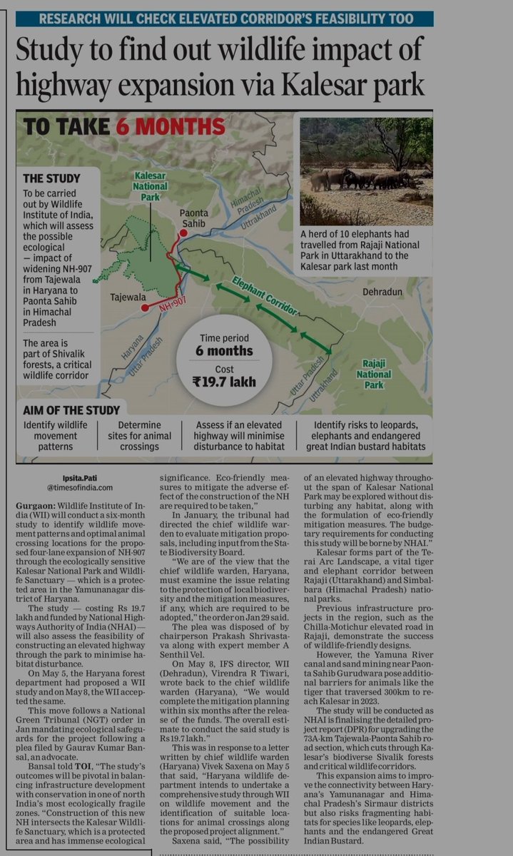 Ipsita pati🌳 (@ipsitatoi) on Twitter photo Study to find out wildlife impact of highway expansion through Kalesar National Park.
<a href="/NHAI_Official/">NHAI</a> To Fund Research That Will Also Check Elevated Highway’s Feasibility <a href="/AdvGauravKumar/">Gaurav Kumar Bansal</a>
<a href="/lifeindia2016/">Legal Initiative for Forest and Environment</a> <a href="/rahuulchoudhary/">rahul choudhary</a>
<a href="/moefcc/">MoEF&CC</a> <a href="/wii_india/">Wildlife Institute of India</a> <a href="/bhlab_india/">BH LAB</a>
Read the full story here Study to find out wildlife impact of highway expansion through Kalesar National Park.
<a href="/NHAI_Official/">NHAI</a> To Fund Research That Will Also Check Elevated Highway’s Feasibility <a href="/AdvGauravKumar/">Gaurav Kumar Bansal</a>
<a href="/lifeindia2016/">Legal Initiative for Forest and Environment</a> <a href="/rahuulchoudhary/">rahul choudhary</a>
<a href="/moefcc/">MoEF&CC</a> <a href="/wii_india/">Wildlife Institute of India</a> <a href="/bhlab_india/">BH LAB</a>
Read the full story here