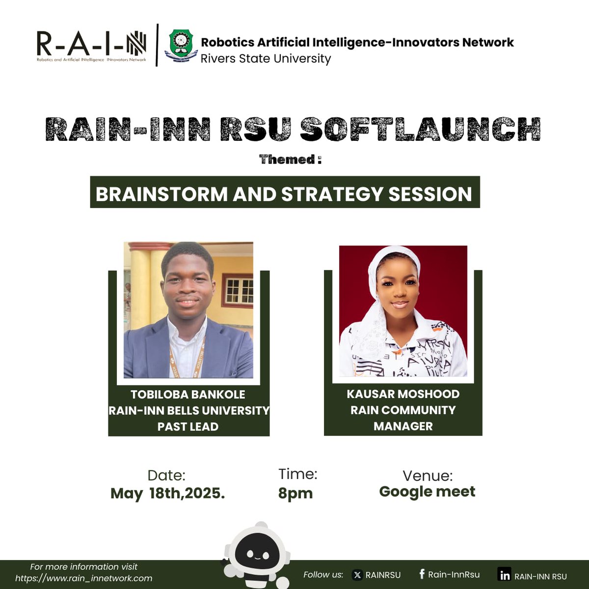 🚨Innovators!
Join us this weekend for our RAIN-INN RSU Brainstorming &amp; Strategy Webinar 

Let’s set the vision, pick projects, and kickstart real-world building in AI, Robotics, IoT &amp; more!

📅 18th May | 🕗 8PM | Google Meet lu.ma/f0hycr5q

Come, let’s build together!