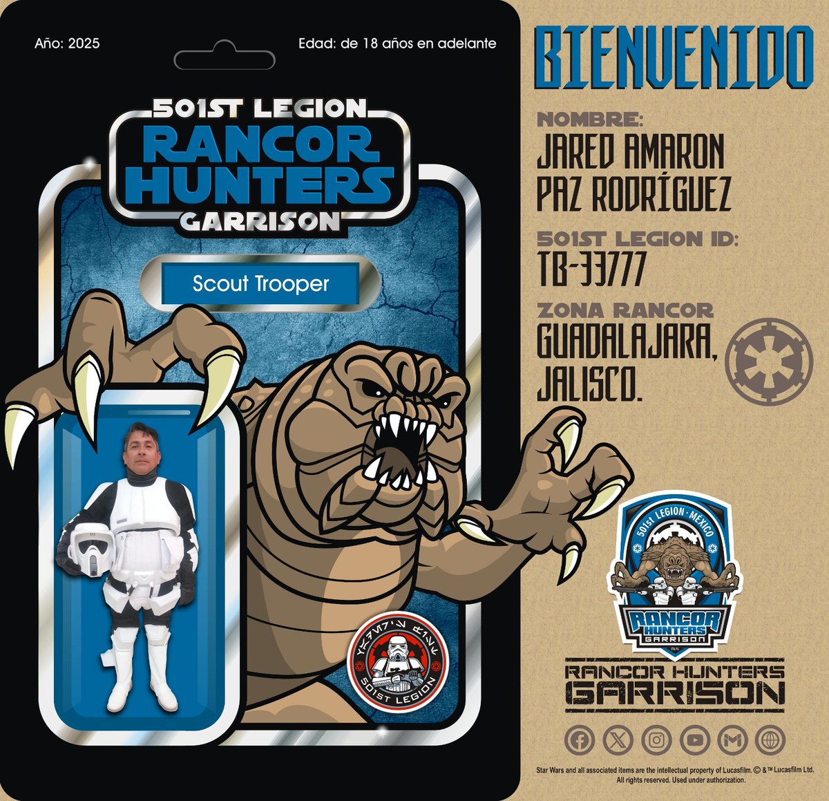 Hoy damos la bienvenida a los Rancor Hunters a Jared Amaron Paz Rodríguez, que después de una ardua tarea de convencimiento, por fin se unió a las filas imperiales.
Prepare su equipo soldado y este listo para la próxima misión.
Larga vida al Imperio! 
#501stLegion #RancorHunters