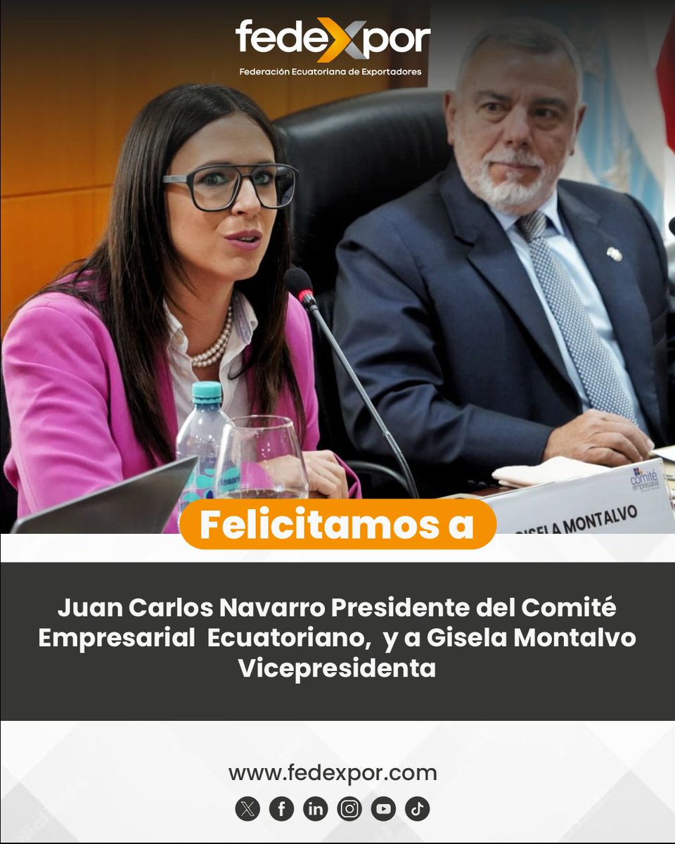La Federación Ecuatoriana de Exportadores expresa su felicitación al Ing. <a href="/jcnavarrogo/">Juan Carlos Navarro G.</a>, designado Presidente del Comité Empresarial Ecuatoriano para el período 2025–2026, y a la Mgtr. Gisela Montalvo, Directora Ejecutiva de <a href="/CITECec/">CITEC</a>, electa como Vicepresidenta.

Reiteramos
