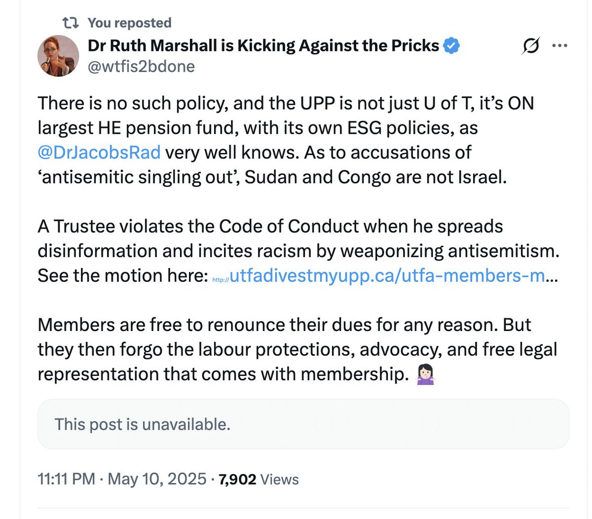 David Jacobs sits on the Governing Council of the University of Toronto and here he is outright lying about a faculty resolution which specifically named Sudan as well as Israel &amp; applies to all countries committing war crimes. Jacobs should either apologize for lying or resign