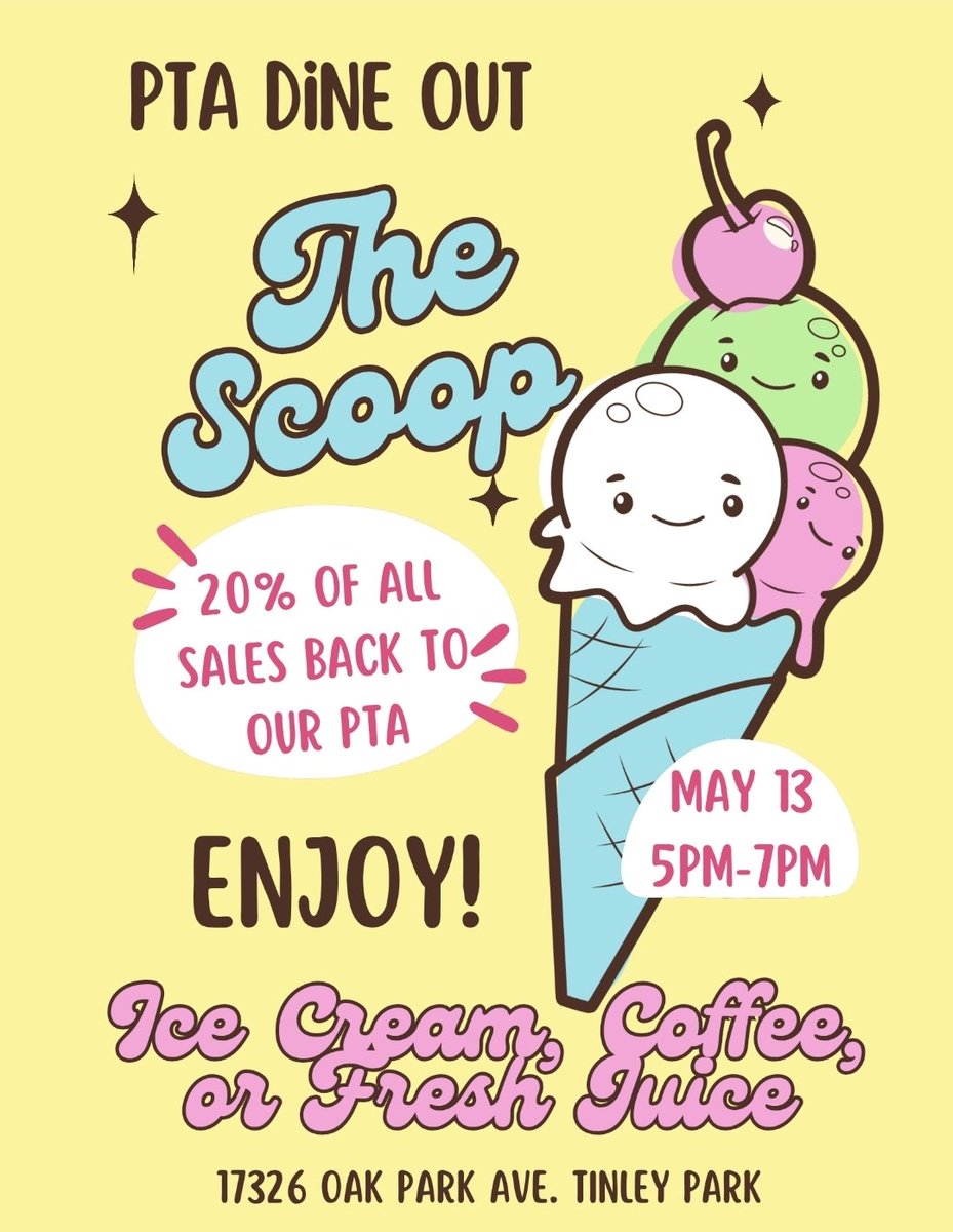 Just a reminder we have our Scoop Doline Out (Tuesday)  from 5-7!! Come out because it'll be a refreshing day to get ice cream!!!
