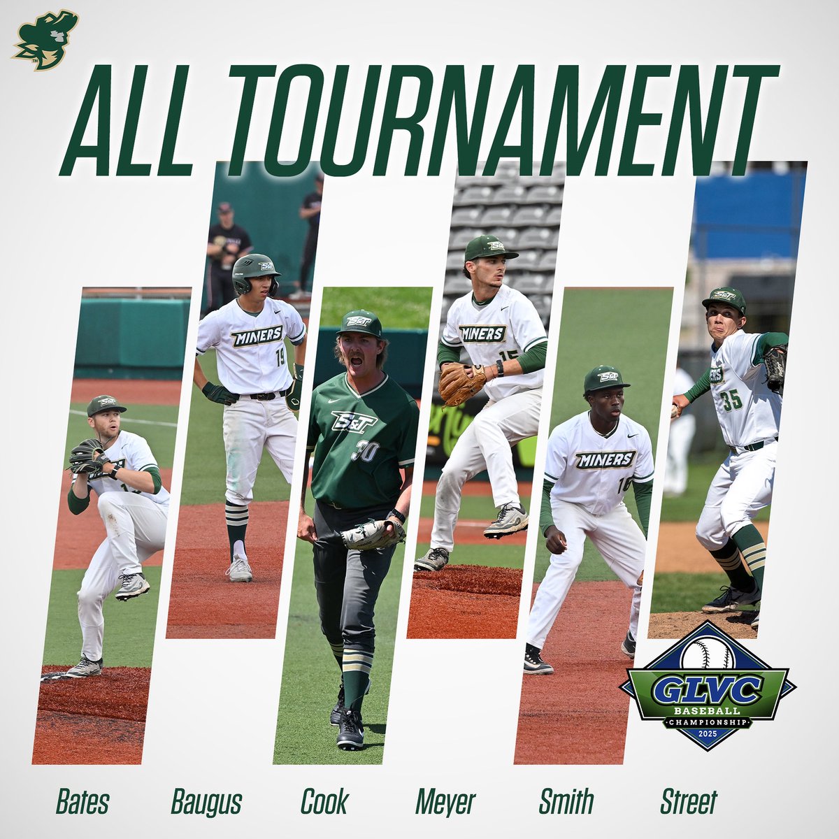 Six Miners were named to the GLVC All-Tournament team over the weekend! Congratulations to Dylan Bates, Drew Baugus, Jacob Cook, Garrett Meyer, Bricen Smith, and Zander Street!
#minerpride