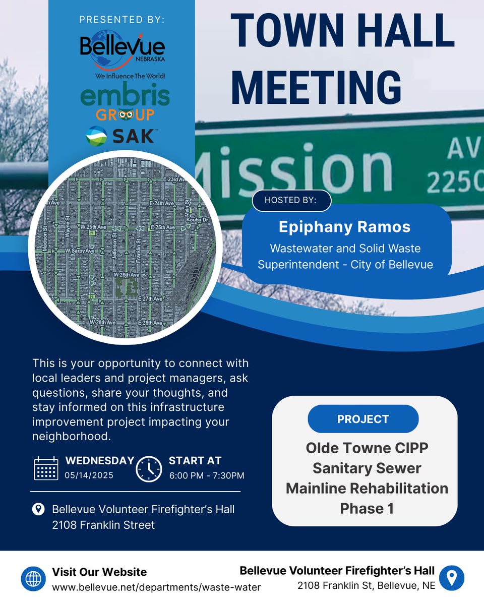 The City of Bellevue will be hosting a Town Hall Meeting regarding the Sanitary Sewer Rehab Project that is taking place in Olde Towne Bellevue. 

bellevue.net/information/ne…