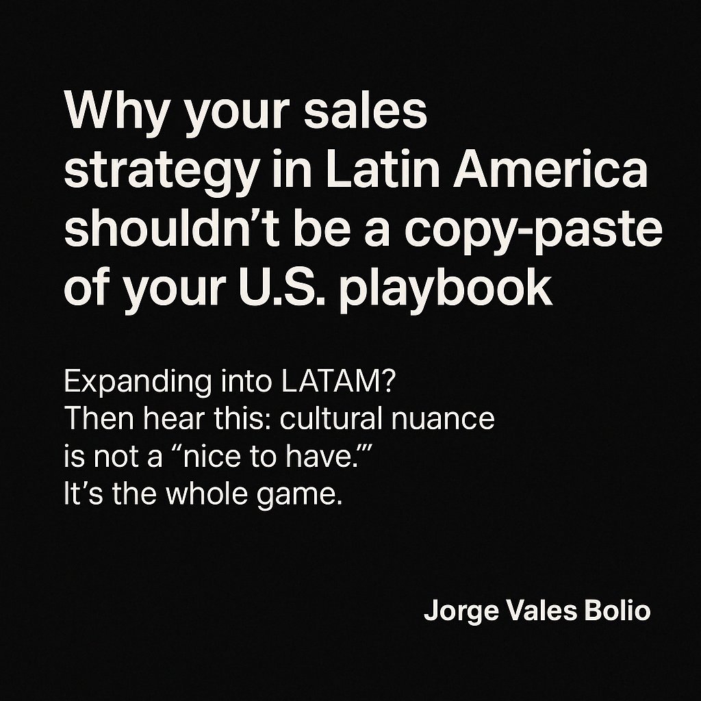 Jorge Vales Bolio (@jorgitovales) on Twitter photo Replicating your US #sales strategy in #LatinAmerica is like using an umbrella in a tropical storm. Replicating your US #sales strategy in #LatinAmerica is like using an umbrella in a tropical storm.