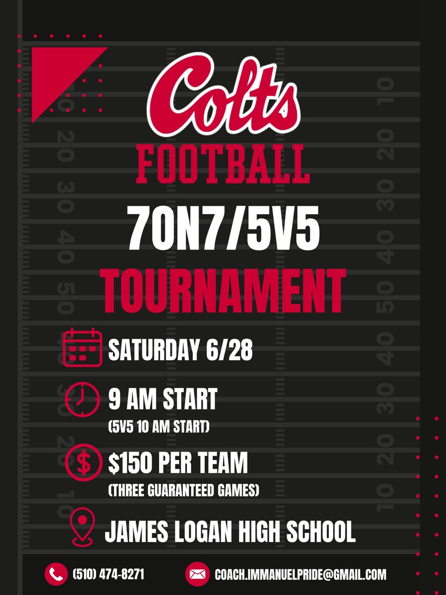 James Logan Colts Football (@logancoltsfb) on Twitter photo We are excited to host our inaugural 16 team 7on7/5v5 tournament next month
For those who have questions or are interested in registering, please contact HC <a href="/Immanuel_Pride/">Coach Pride, M.A.</a>
We look forward to hosting a fun and competitive event!
#LoganPride #Family We are excited to host our inaugural 16 team 7on7/5v5 tournament next month
For those who have questions or are interested in registering, please contact HC <a href="/Immanuel_Pride/">Coach Pride, M.A.</a>
We look forward to hosting a fun and competitive event!
#LoganPride #Family